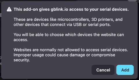 Firefox add-on confirmation for gblink.io serial device access